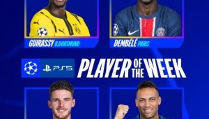 九游游戏平台-欧冠官方本轮最佳球员候选：吉拉西、登贝莱、赖斯、劳塔罗